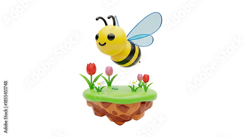 3D Cute cartoon bee flying over a small island with tulips on transparent background
