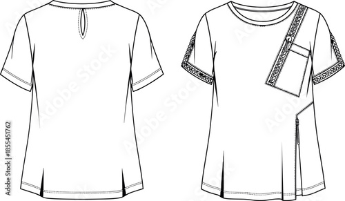 Technical Fashion Flat Sketch of Unisex Short Sleeve Zip-Up Hoodie with Puffed Sleeves, Ribbed Cuffs/Hem, Kangaroo Pocket, and Varsity Patch Vector.