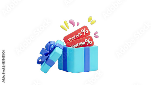 3D Gift Box with Vouchers and Percentage Signs on transparent background