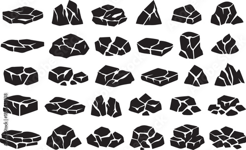 Set of 24 black and white abstract fractured stone and rock vector elements with sharp edges, cracks, and irregular geometric forms on a white background.
