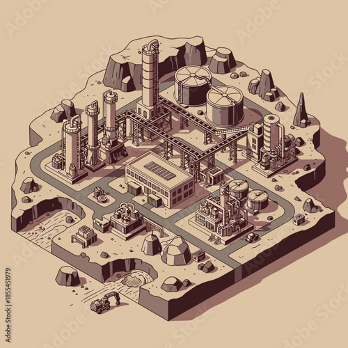Isometric industrial complex with factories, silos, and pipelines in a stylized landscape.