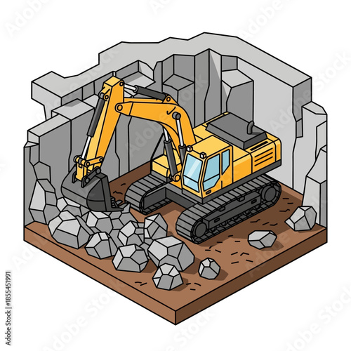 Isometric illustration of a yellow excavator breaking rocks in a construction or demolition site.