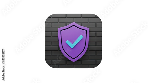 3D Shield with checkmark on dark brick wall icon on transparent background