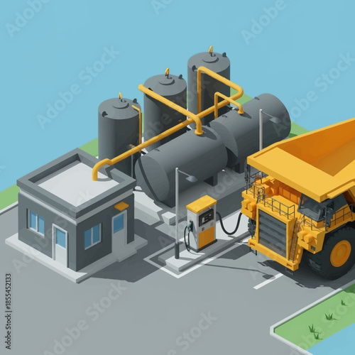 Isometric 3D rendering of a large yellow dump truck refueling at an industrial fuel station with storage tanks and a building.