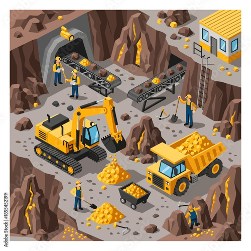 Isometric illustration of a gold mining operation with workers, heavy machinery, conveyor belts, and piles of gold ore.