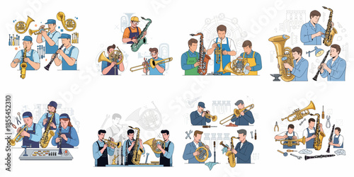 Professional musical instrument repair services vector set, featuring technicians fixing and playing saxophones, clarinets, trumpets, and brass instruments.