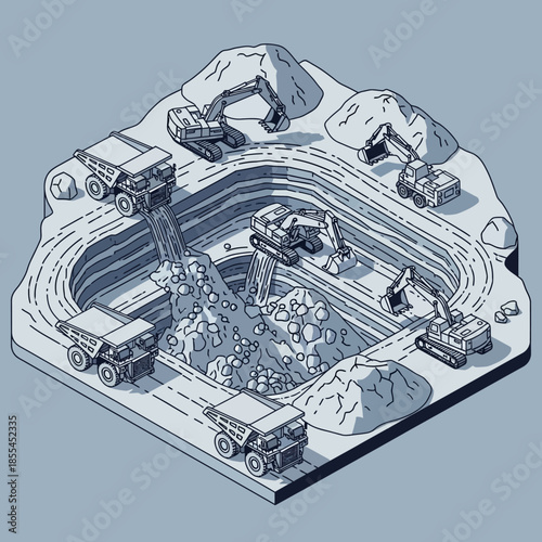 Isometric illustration of an open-pit mine with multiple excavators and dump trucks actively engaged in material extraction and transportation.