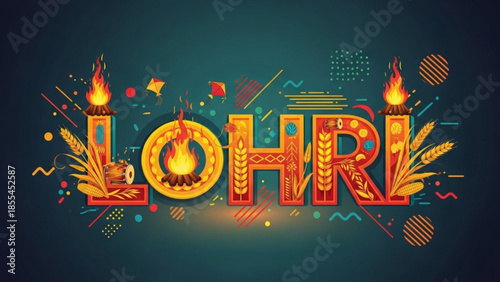 Lohri festival celebration with traditional indian decorations and diyas on dark background