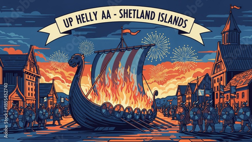 Viking torchlight procession, up helly aa festival, shetland islands, scotland, burning