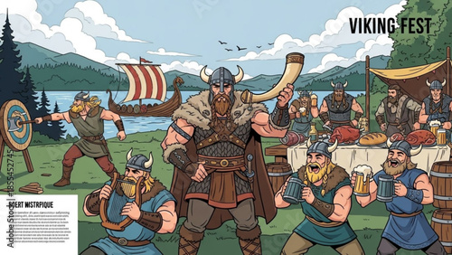 Viking festival scene with warriors drinking beer and having fun outdoors by lake