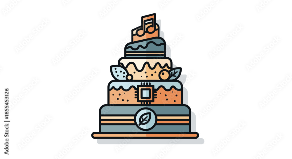 Obraz premium A beautifully designed multitiered cake with musical notes and technological elements.