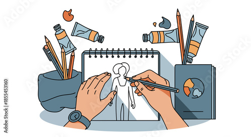 Artist sketching a fashion design with art supplies and tools.