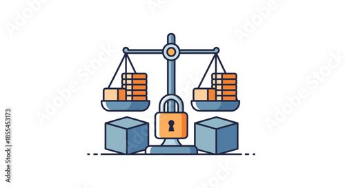 Balance scale with money and lock representing financial security and stability.