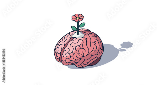 Brain with a flower growing out of it representing new ideas and growth.