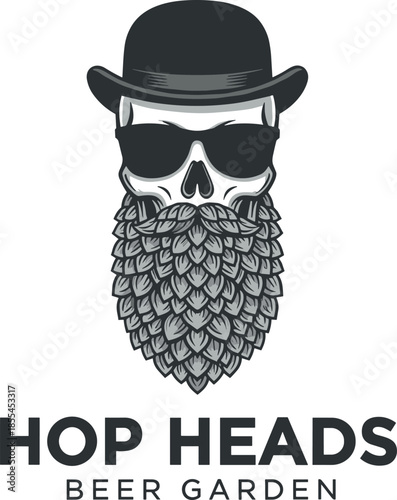 Vintage Style Mascot Logo Featuring a Skull with a Hops Beard Wearing a Bowler Hat and Sunglasses for a Beer Garden