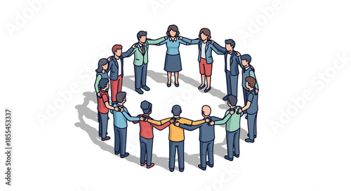 Diverse group of people holding hands in a circle symbolizing unity and teamwork.