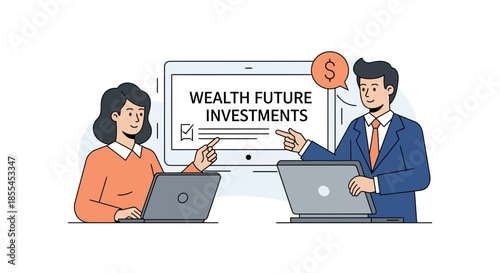 Financial advisors discussing wealth future investments using laptops and computer screen.