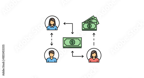 Financial transaction illustration showing money exchange between people and cash.