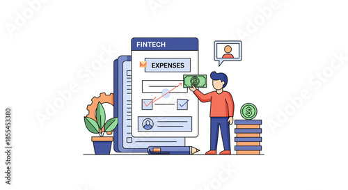 Fintech expenses app concept with a person managing finances and money.
