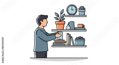 Man arranging items on shelves organizing books and decor home interior.