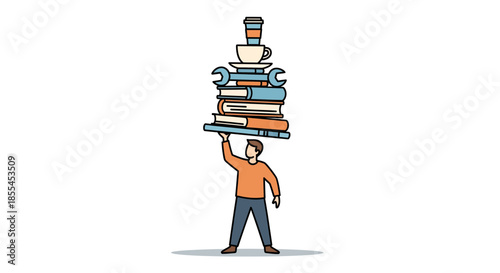 Man balancing books and objects on his head representing workload and stress.