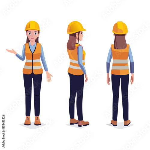 Woman construction engineer in helmet, vest, uniform. Character constructor for animation. Front, side and back view set. Body parts, postures, poses collection. Vector illustration. See Less