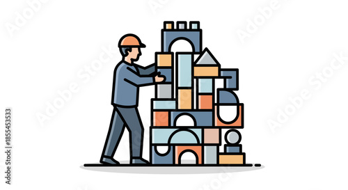 Man carefully building a colorful tower of wooden blocks with precision and focus.