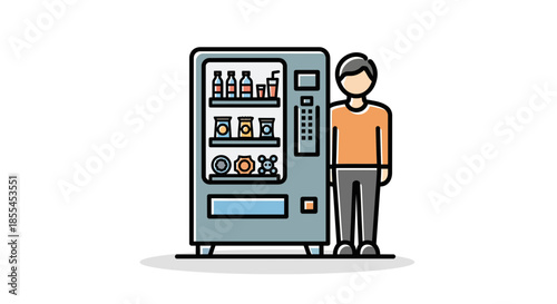 Man standing next to a vending machine ready to buy snacks and drinks.