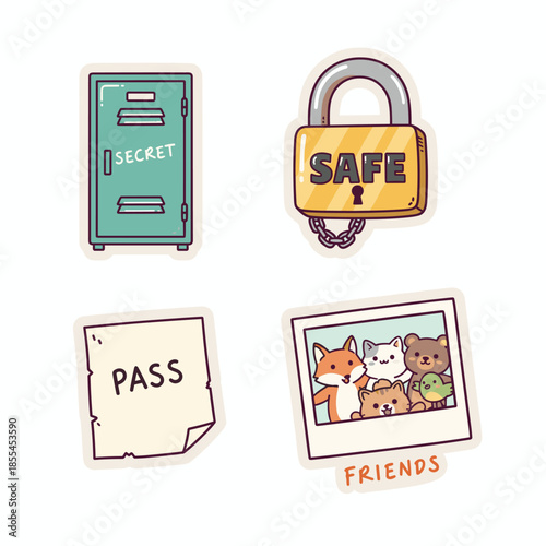 Cute Stickers Featuring a Locker, Padlock, Pass, and Friends Photo.