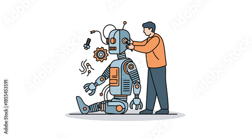 Man working on a robot repairing and fixing the machine technology concept.