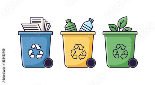 Recycling bins for paper plastic and organic waste promoting environmental conservation.
