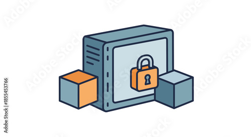 Secure digital safe with padlock and surrounding data blocks security concept.