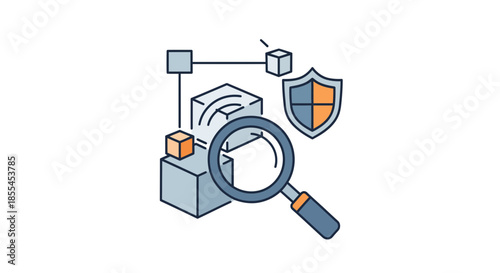 Security analysis concept with magnifying glass and shield icon.