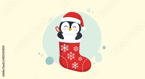 An adorable cartoon penguin wearing a Santa hat, peeking out from inside a festive red Christmas stocking decorated with snowflakes.
