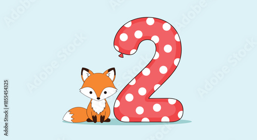 A cute little fox sitting next to a large, red and white polka-dot balloon in the shape of the number two for a birthday.