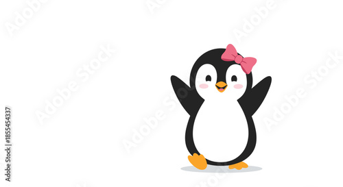 A simple and adorable cartoon of a happy girl penguin with a pink bow, waving its flippers and walking on a white background.