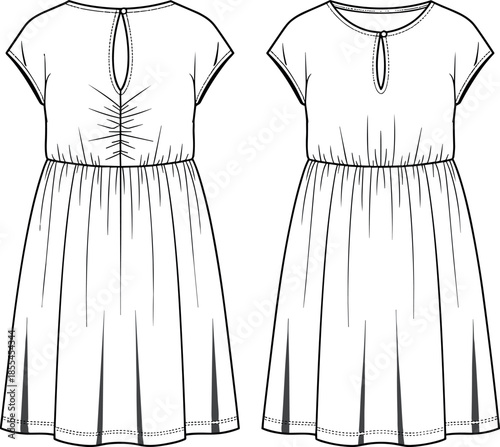 Technical Fashion Flat Sketch of Women's High-Waist Tiered Midi Skirt with Smocked Elastic Waistband, Full Silhouette, and Ruffle Hem Vector.