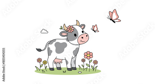 A charming doodle of a cute cow with flowers on its head, standing in a field and looking at pink butterflies.