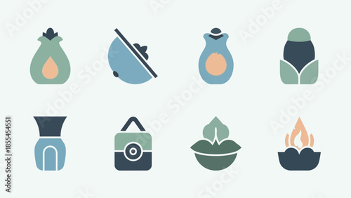 青、緑、オレンジの色合いで描かれた、自然や文化をテーマにした抽象的なフラットデザインアイコンのセット.