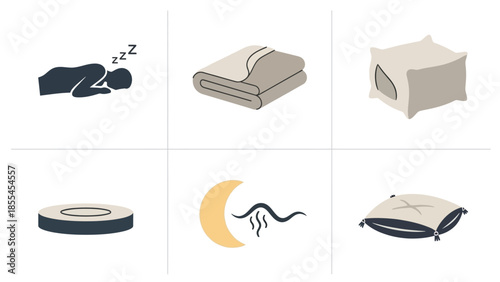 A collection of six flat design icons representing various aspects of sleep, bedding, and nighttime comfort, including a sleeping person, blankets, pillows, and a mattress.