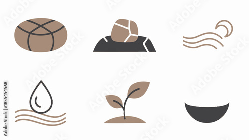 Set of six minimalist icons representing natural elements like earth, water, air, and plant growth.