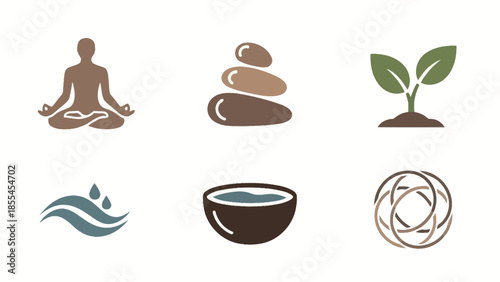 A collection of six wellness and nature-themed icons including meditation, stacked stones, a plant sprout, water waves, a coconut bowl, and an abstract design.