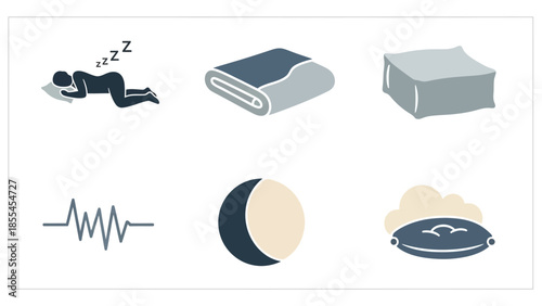 A collection of icons representing various aspects of sleep, comfort, and bedding, including a sleeping person, blanket, mattress, heart rate, moon, and pillow.
