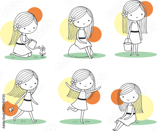 Set of cute line art girl