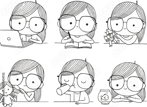 Set of cut Chibi Girl doing something on desk