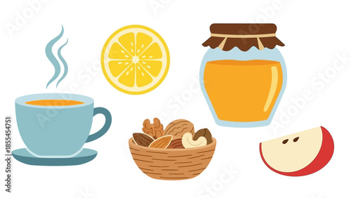 Assortment of healthy food items including tea, lemon, honey, nuts, and apple slice on a white background.