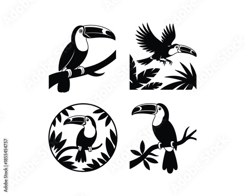 Toucans silhouettes, toucan on tree, toucan flying with wings, Flying toucan vector silhouette illustration set collection, toucan silhouette, toucans silhouettes, toucan bird, flying toucan