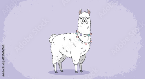A charming hand-drawn illustration of a fluffy white llama wearing a festive necklace of colorful baubles on a light purple background.
