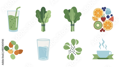 A collection of healthy food and drink illustrations including fruits, vegetables, nuts, water, and smoothies, promoting a balanced diet and wellness.