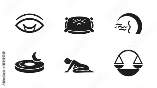 Monochrome icon set depicting human states and activities such as sleep, breathing, eating, prayer, and balance.